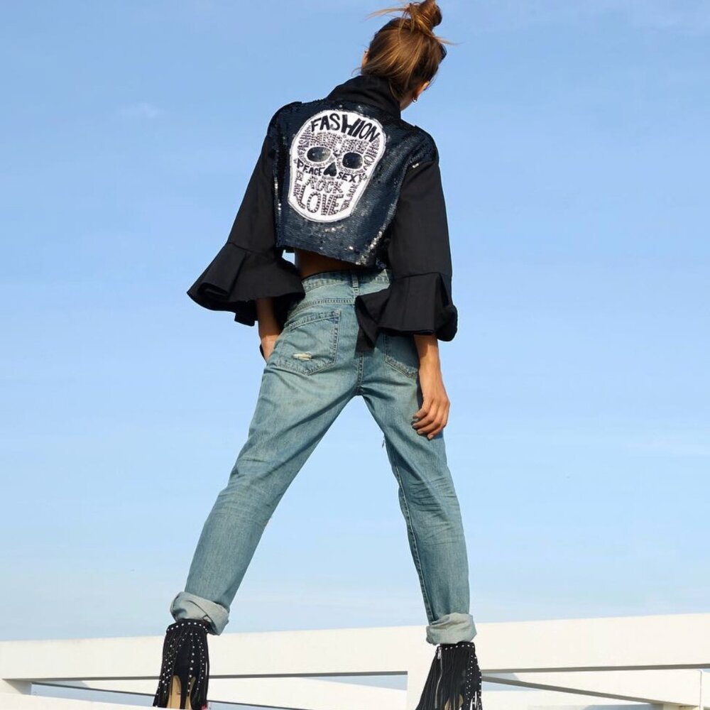 ROCK ‘N KARMA Skull Embellished Cropped Black Jacket, size S - Picture 8 of 8